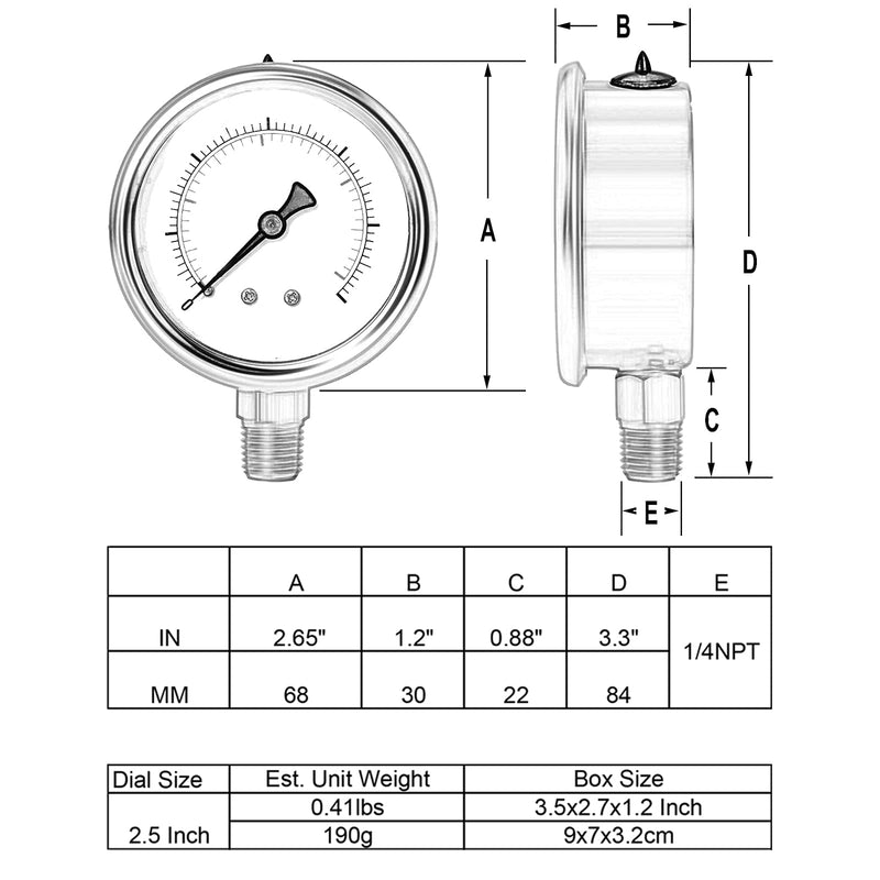 Glycerin Filled Vacuum Pressure Gauge, 2-1/2" Clear dial,1/4" NPT Bottom Connection, Stainless Steel Case, Brass Movement, Dual Scales -30HG/30PSI （-30HG/30PSI） Lower Mount
