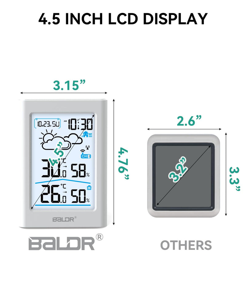 BALDR Indoor Outdoor Thermometer Wireless with Atomic Clock, Battery Powered Weather Station Indoor Outdoor with WWVB, Portable Outside Temperature Monitor for Home, Patio