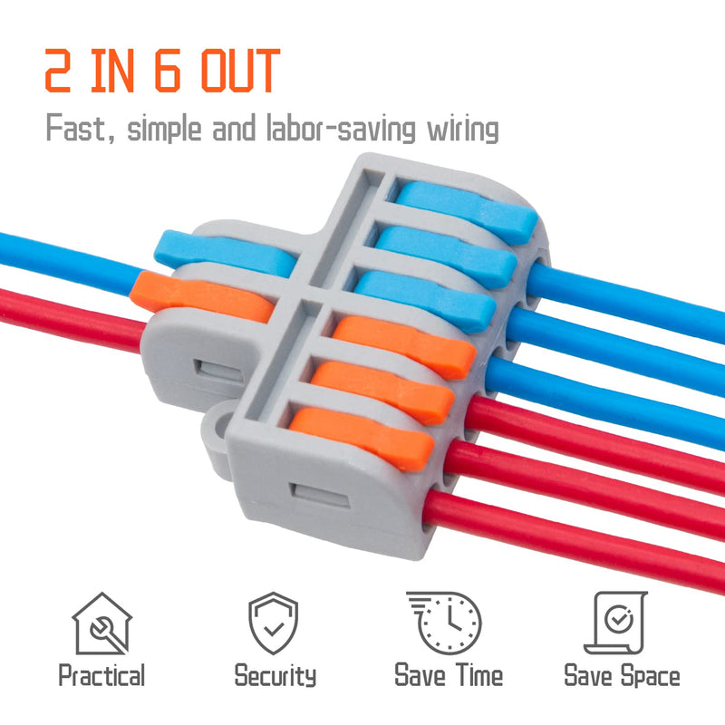 10Pcs Lever Wire Connectors, 2 in 6 Out Mini Quick Push-in Electrical Connector for 24-12 AWG