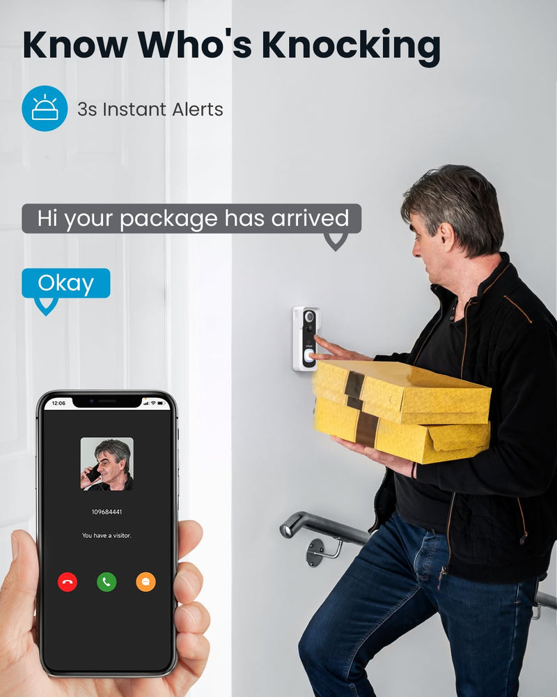 ieGeek Doorbell Camera Wireless No Subscription - Wireless Video Doorbell with Chime, Doorbell with Camera 1080P FHD, Voice Changer, 2-Way Audio, PIR Motion Detection, 2.4Ghz WiFi, Works with Alexa White