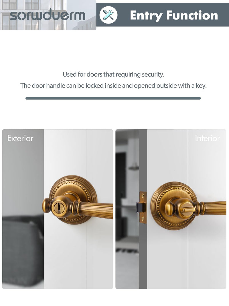 1 Pack Antique Door Lever with Lock and Key Entry Antique Brass Door Handle Door Lever Bedroom and Bathroom Zinc Alloy Entry Lock 1