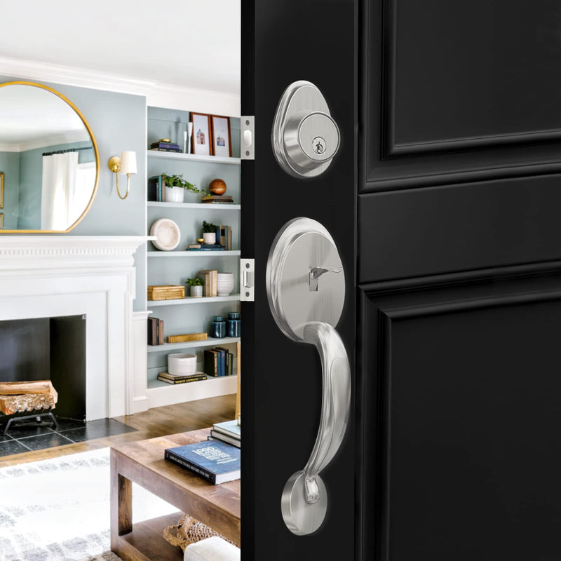 Front Door Handle Set Entry Door Lock Set Satin Nickel Entrance Handle Set with Lock, with Single Cylinder Deadbolt and Knob Handle, Reversible for Right & Left Handed Doors (Antique_1077) Antique