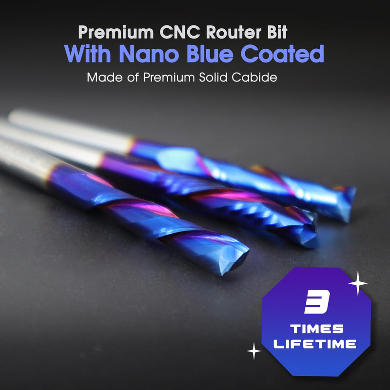 3pcs Spiral Router Bits Set 1/4" Shank 2 Flute Upcut Downcut Compression Bit Solid Carbide CNC Router Bits with Nano Blue Coating End Mill for Wood Cut, Carving, Edge Trimming 1/4" Cutting Dia 3 Pieces