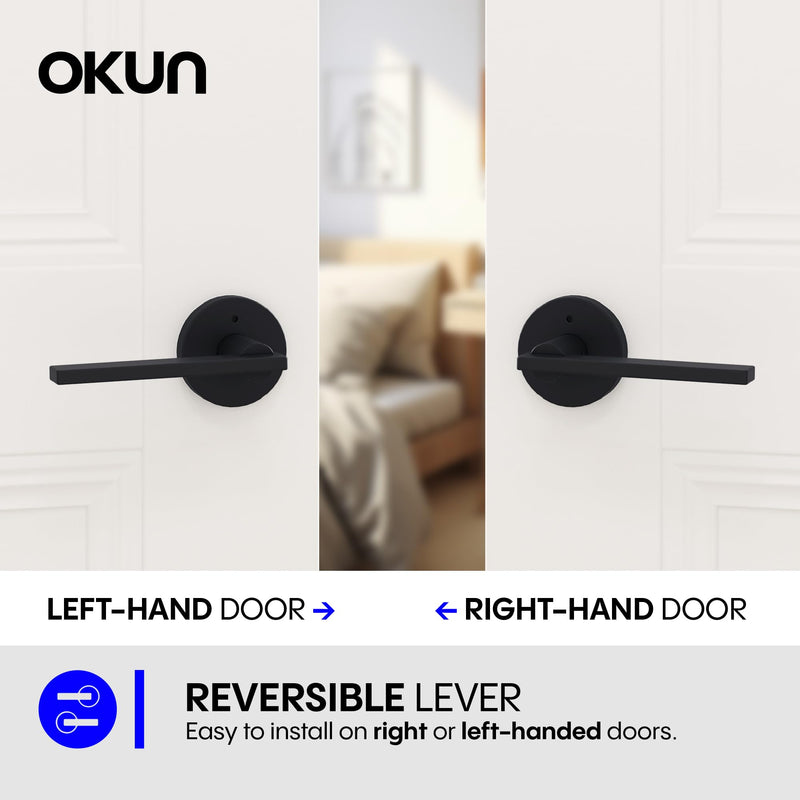 Okun Valli 1-Pack Matte Black Privacy Door Levers – Push Button Lock, Reversible, Sleek Concealed-Mount Design for Bedroom & Bathroom 1 Pack