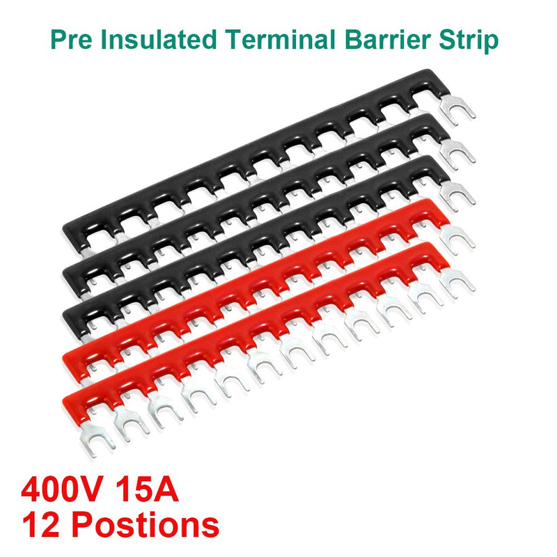 MILAPEAK 10pcs (5 Sets) 12 Positions Dual Row 600V 15A Screw Terminal Strip Blocks with Cover + 400V 15A 12 Positions Pre-Insulated Terminals Barrier Strip (Black & Red) 15A 12P+5pcs Jumpers