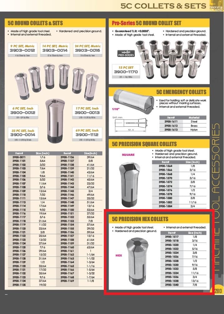 HHIP 3900-1518 5C Precision Hex Collet, 3/16" 3/16"