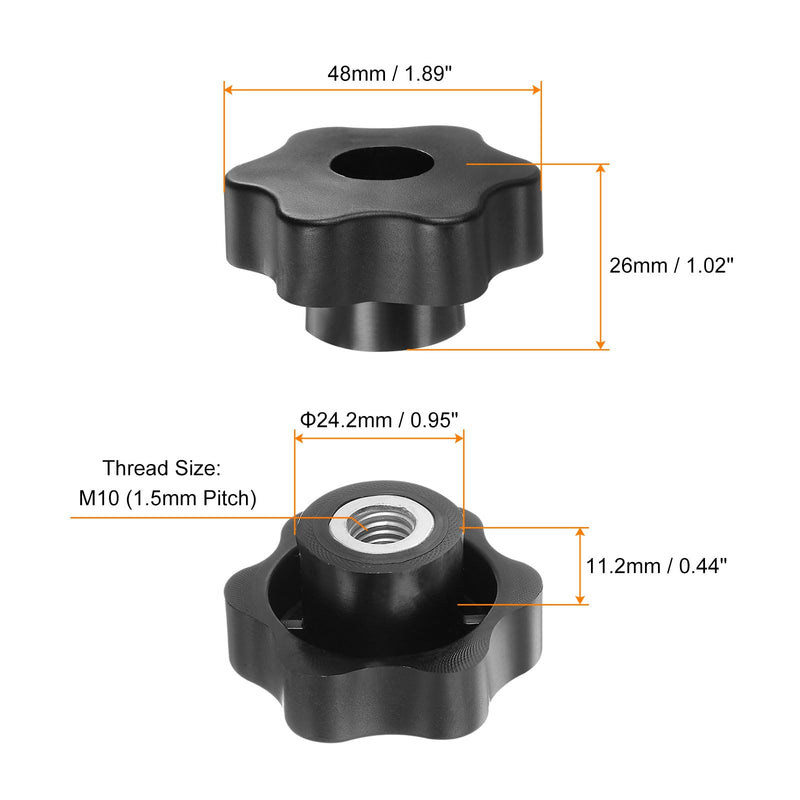HARFINGTON 4pcs Star Knobs M10 Female Thread 48mm Head Plastic Through Hole Brass Screw-in Clamping Handles Threaded Hand Knobs, Black M10 x 48mm