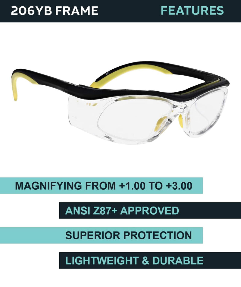 Safety Reading Glasses 206YB with Full Clear Magnifying Lenses, 1.00 to 3.00 Diopter, ANSI Z87 Approved Black/Yellow 2.75 Diopters