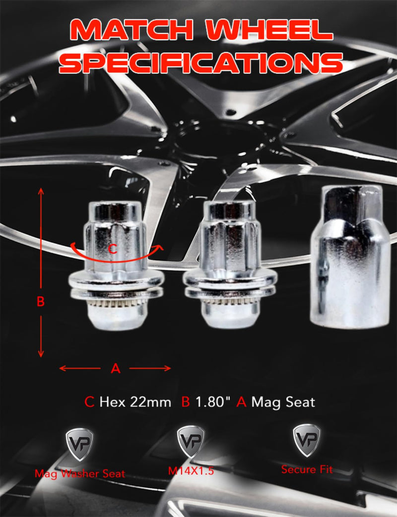 Set of 4 14x1.5 Veritek OEM Mag Washer Style Factory Replacement Chrome Lug Nut Wheel Locks w/Key for Toyota Sequoia Landcruiser Tundra Lexus LX VPE-45800N