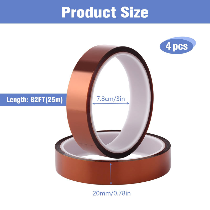 4 Rolls 20mm×25m (82Ft) Sublimation Tape Heat Tape Transfer Tape High Temperature Heat Resistant Tape, Heat Tape for Sublimation Heat Press Electronic Soldering Masking, No Residue 4