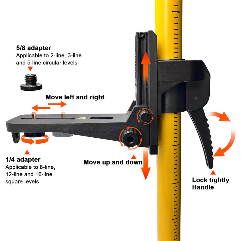 Mounting Bracket Clamp with 1/4"-20 Male Thread and 5/8"-11 Adapter, Adjustable Laser Level Pole Clamp with Bubble Level for Rotary and Line Lasers, Heavy-Duty Bracket for Telescoping Poles