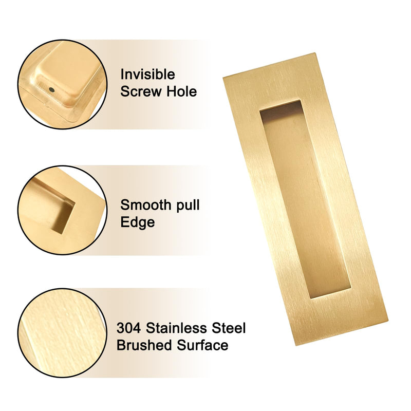 Recessed Finger Flush Pulls，Pocket Door Handles，for Sliding Barn Doors Handle, Bifold Doors Stainless Steel Rectangular Door Pulls Hardware (Gold, 7 Inch - 2p) Gold
