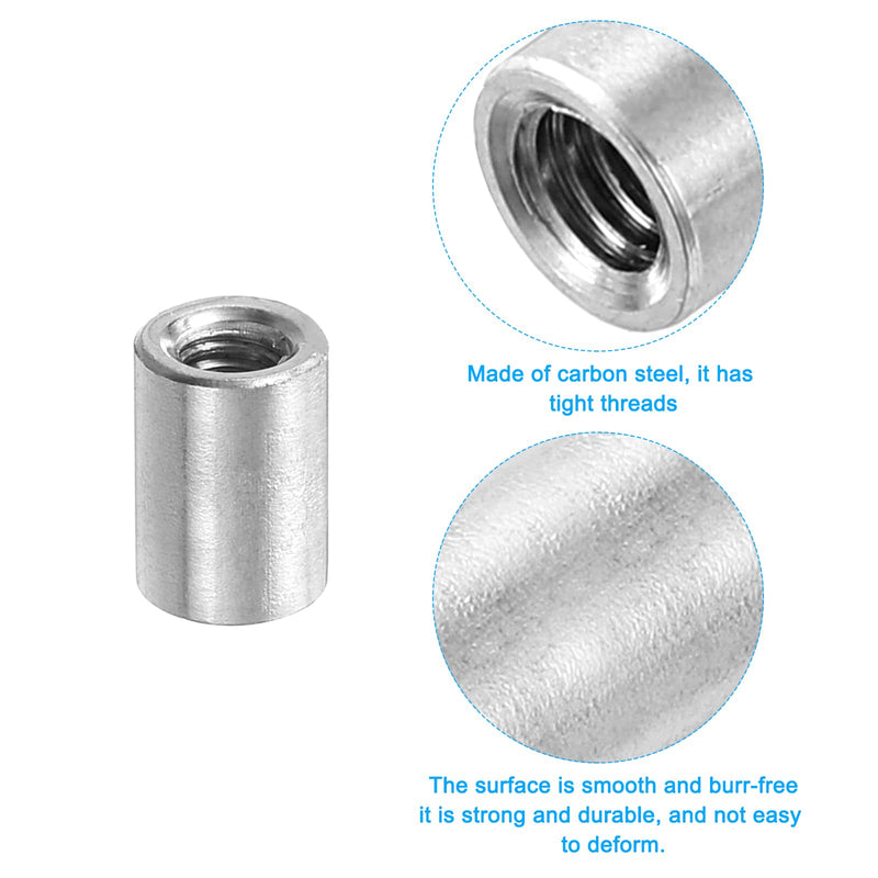 uxcell M4x0.7mm Round Coupling Nuts, 10 Pcs Carbon Steel Connector Nuts Fasteners Rod Bar Stud 10mm for Industrial Construction Fasteners, Silver M4-0.7 x 10mm