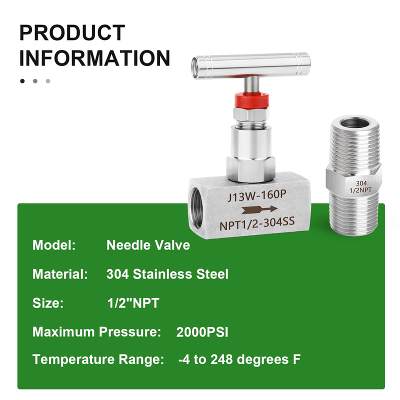 TAISHER 1PCS 304 Stainless Steel High Pressure Straight Needle Valve 1/2" Female NPT For Flow Control Water Gas Oil With Nipple 1/2" NPT