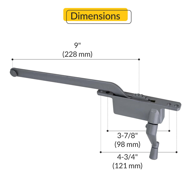 Brixwell Casement Operator Assembly Aluminum Handle, Right Hand, Die Cast Construction with 9" Arm Length, 3-7/8" Body Base, 4-3/4" Crank Arm, for Aluminum Window Crank and Casement Window Handle