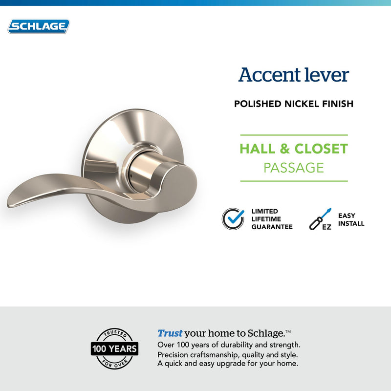 SCHLAGE Accent Lever Hall and Closet Lock in Polished Nickel - F10 ACC 618 Passage