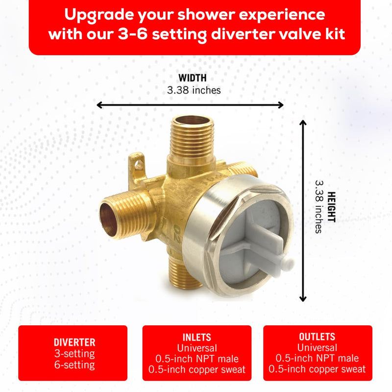 R11000 Shower Diverter Rough-in Valve for 3-Setting or 6-Setting Custom Shower Faucet Diverter Trim Kit, Fully Brass Construction