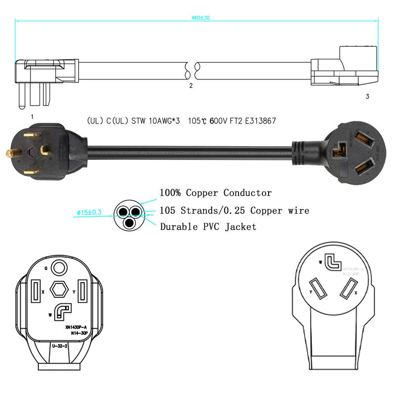 1.5FT 3 Prong to 4 Prong Dryer Adapter, 4 Prong to 3 Prong Dryer Adapter, NEMA 14-30P Male to 10-30R Female, Dryer Cord Adapter 4 to 3 Prong, STW 10AWG, 30A, 250V 10-30P to 14-30R