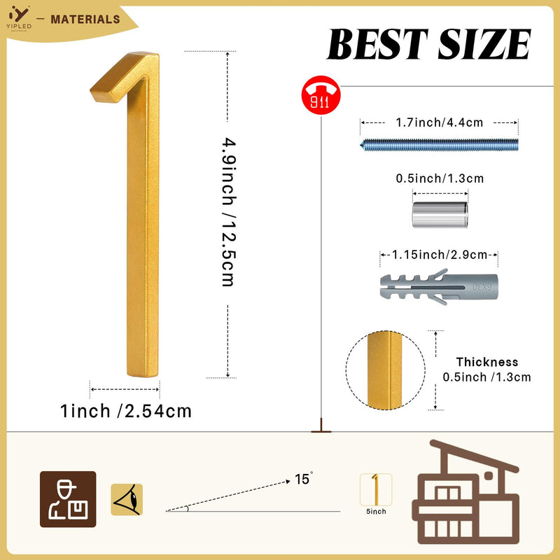 5 Inch House Numbers for Outside, Metal Address Number 1 - Modern Design, Weather-Resistant Gold Powder Coated Finish, No Fading (Gold) 5 Inch