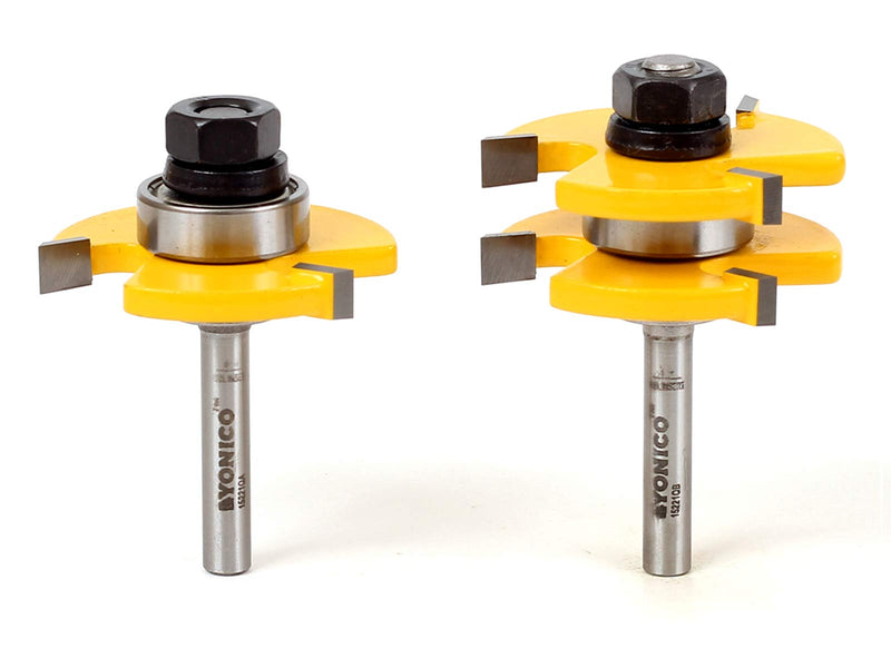 YONICO Tongue and Groove Router Bits Set Up to 3/4-Inch Stock 1/2" Cutting Depth 2 Bit Set 1/4-Inch Shank for Edge-to-Edge Hardwood Flooring, Paneling, Cabinet Door, Plywood Sheathing 15221q Up to 3/4" Stock - 1/2" Depth - 1/4" Shank
