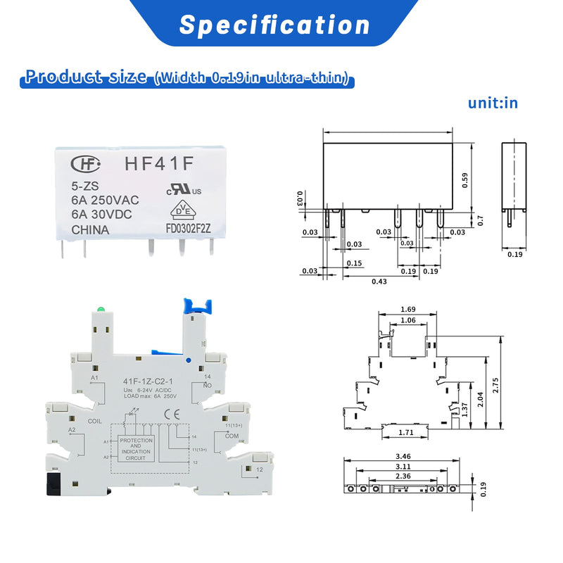 (2Pcs) 5V Silm Relay Din Rail;DC 5V;HF41F/5-ZS 5 Pin 1NO 1NC 6A SPDT with LED Indicator with Socket Base;Max 6A 250VAC; 2
