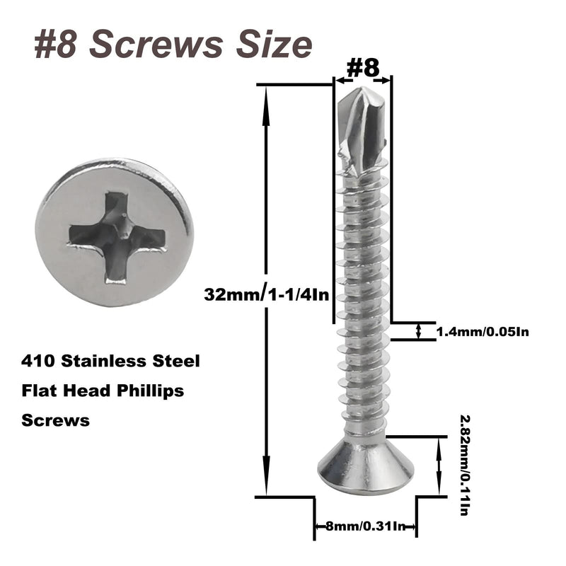60PCS #8 x 1-1/4" Sheet Metal Self Drilling Screws,410 Stainless Steel Flat Head Screws Phillips Head Self-Tapping Screws High-Strength Fast Sheet Metal Screws (1/2" to 1-1/4" Available) 60PCS #8 x 1-1/4"