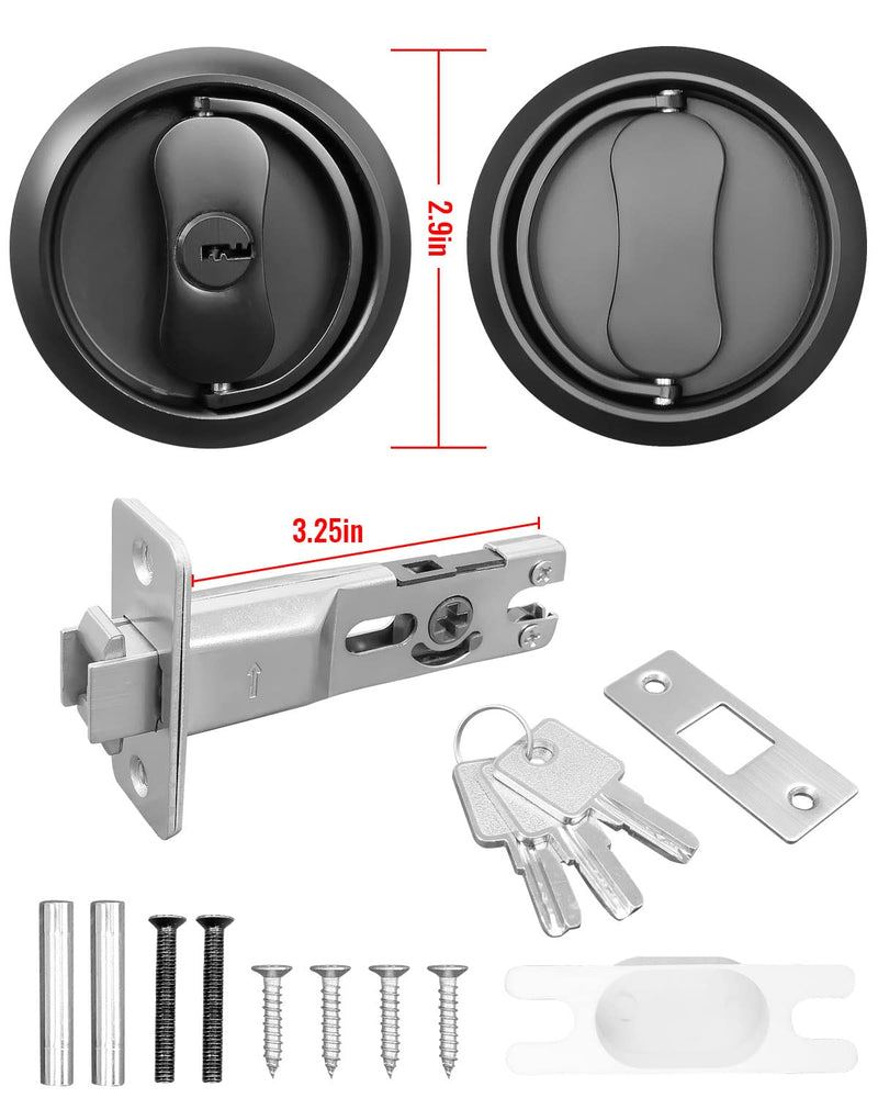 Pocket Door Lock with Key with Ring Pull Function 2 3/8" Backset, Round Sliding Pocket Door Lock for Bed or Bath, Brushed Satin Nickel Silver Black Pocket Door Lock with Key