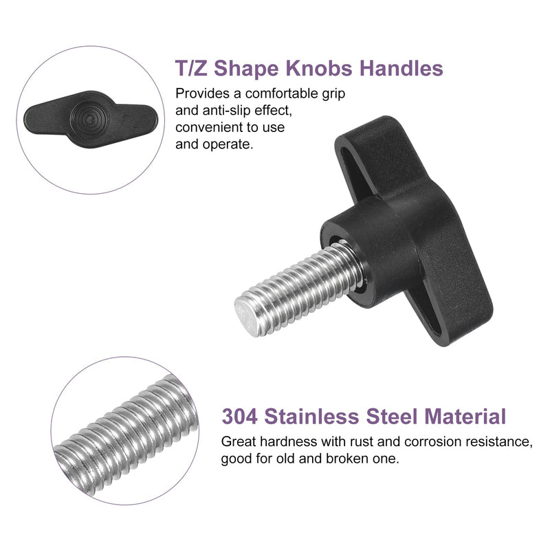uxcell 4Pcs Tee Wing Knobs Thumb Screws, M8 x 20mm Clamping Screw Knob Male Thread 304 Stainless Steel T Shaped Thumb Screws Handle 36mm Dia. for Hand Tightening Knob Replacement, Black