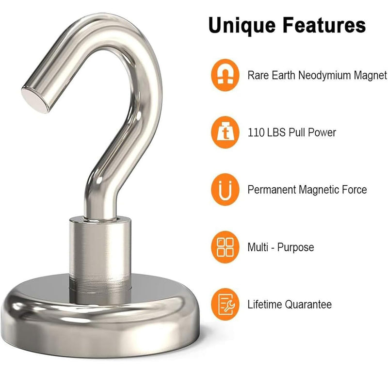 Magnetic Hooks Heavy Duty, 110 lbs Strong Magnet Hooks for Hanging, Magnet with Hook for Cruise, Refrigerator, Pack of 6 6 Pack-110 lb Silver