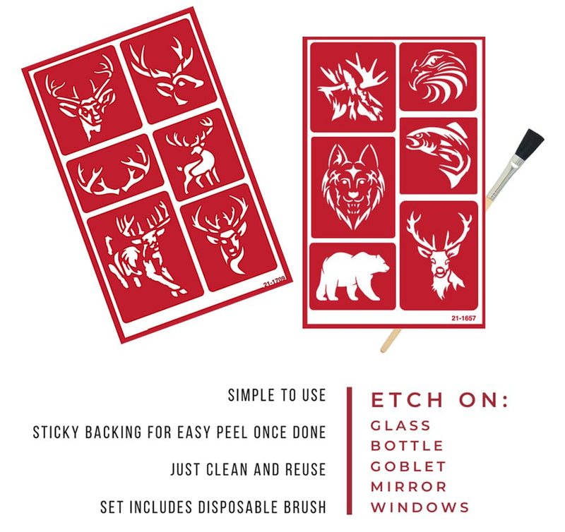 2 Reusable Glass Etching Stencils - Wildlife, Moose, Bear, Wolf, Deer, Antler Etch Themed Stencil - Wild Animal, Deers Theme Design - Set Includes Brush