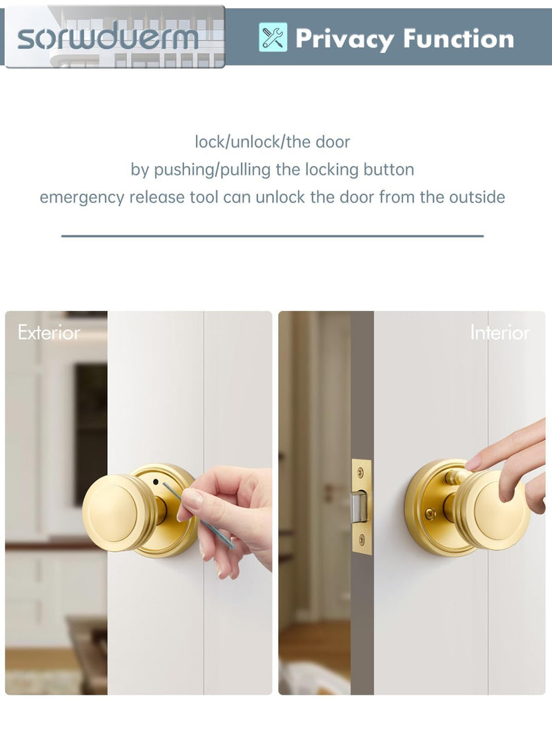 1 Pack Gold Door Knob Privacy Door Knobs Satin Brass Door Handle Interior Brushed Gold Door Knobs with Lock for Bedroom and Bathroom Zinc Alloy 1