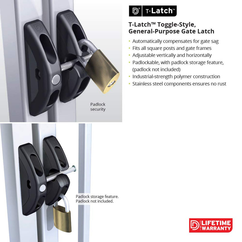 D&D TECHNOLOGIES TL01 T-Latch Action Gate Latch, Padlock Gravity Gate Latch, for Any Square Metal, Wood, Vinyl Gates