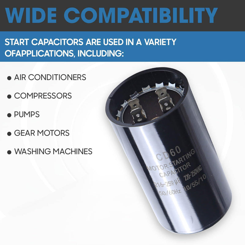 Seentech 216-259 uf/MFD 220-250 VAC ±20% CD60 Round Motor Start Capacitor 50/60 Hz AC Electric Motor Universal Fit for AC Motor Run or Fan Start and Cool or Heat Pump Air Conditioner