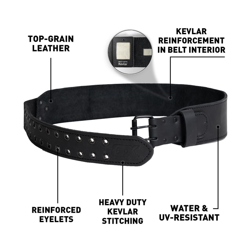 OX Tools 3-Inch Kevlar Reinforced XX-Large Leather Tool Belt - Water Resistant Leather & Nylon Construction Tool Belt with UV Protection Tool Pouch Utility Belt 42"-53" - XX-Large, OX-U268703
