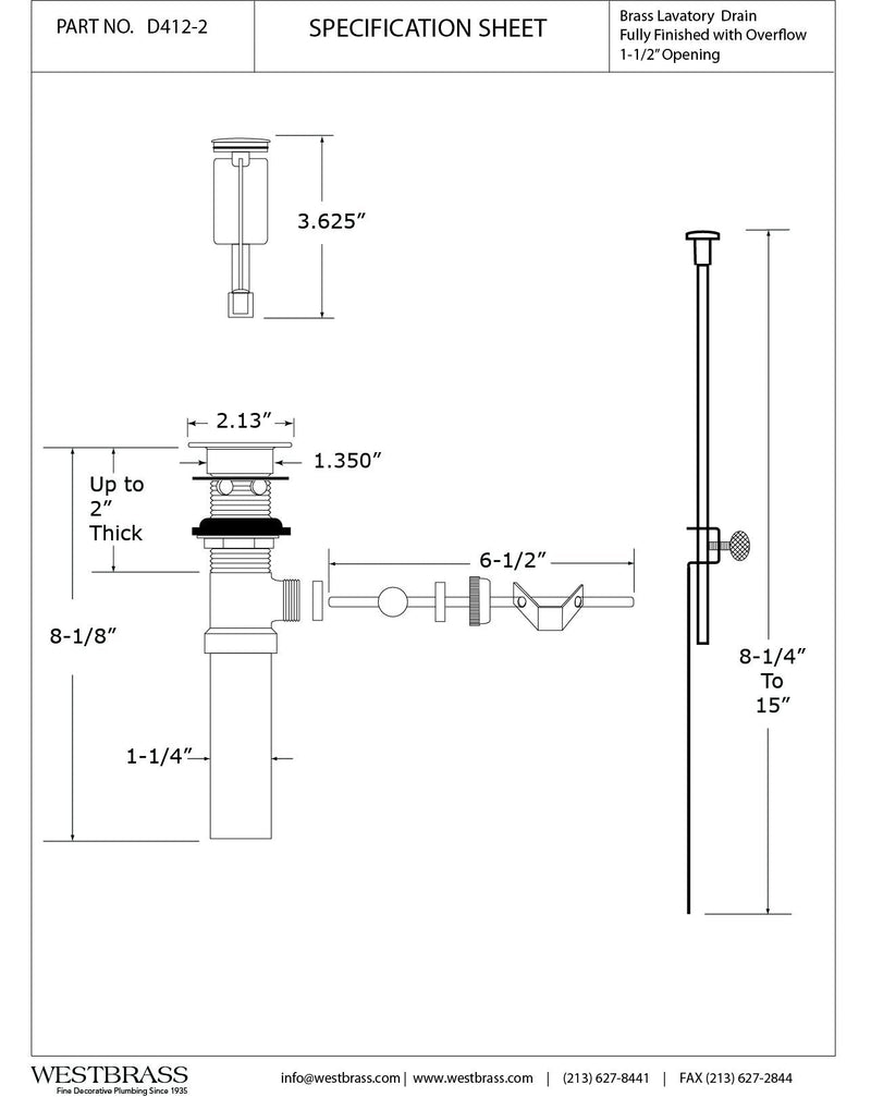 Westbrass D412-2-05 Pop-Up Bathroom Sink Drain Assembly Stopper with Lift Rod with Overflow Holes-Exposed, Polished Nickel