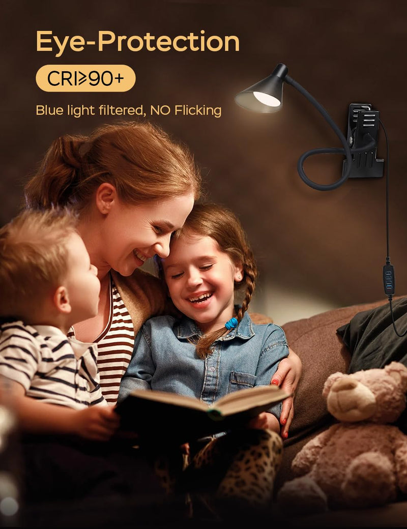 Clip on Light USB Reading Light 3 Color Modes 10 Brightness Levels Eye Care Clamp Light Flexible Gooseneck Dimmable Reading Lamp Clip on Lamp for Bed Headboard Desk Bedside Dorm (Black) Black