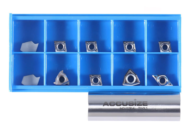 Accusize Carbide Insert Set for 1/2 in Turning Tool, 10 Pc, for Aluminum | C6 Carbide Replacement Set for 3988-0012 with GTN-2LH, 11ER A60-LH, CCGT21.51-LH, DCGT21.51-LH, WCGT2.52-AF, 3988-0012INSERTS