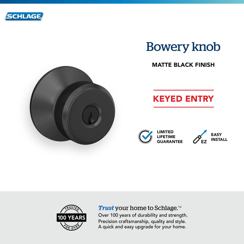Schlage F51A BWE 622 Bowery Door Knob, Keyed Entry Lock, Matte Black Standard