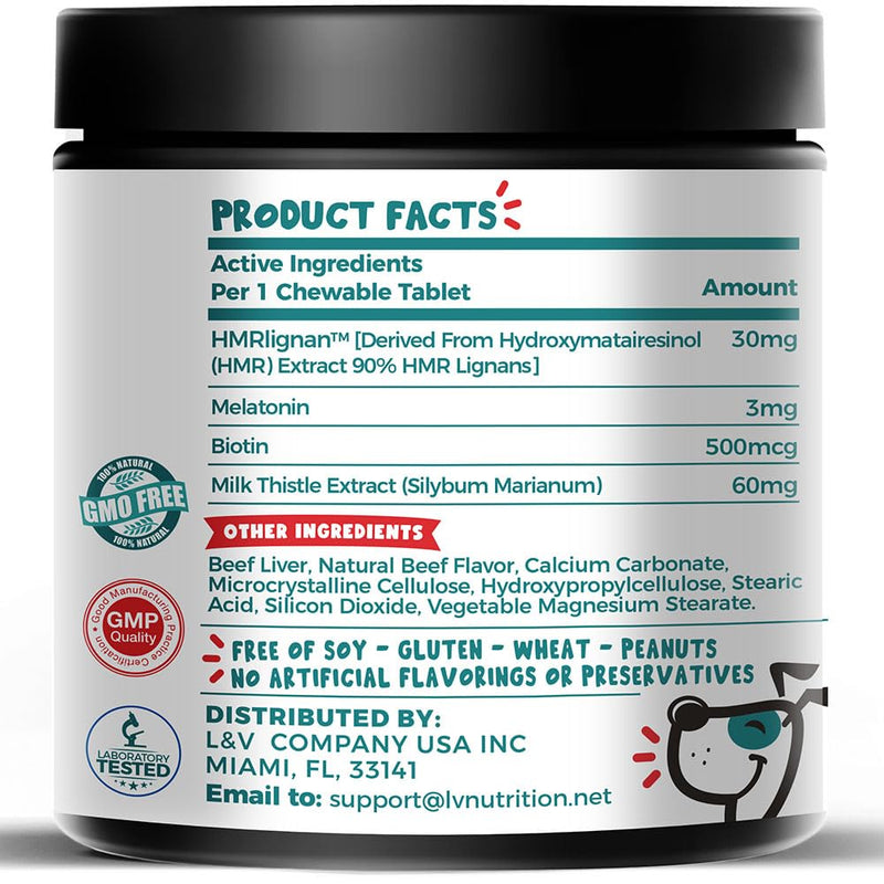 HMR Lignan + Melatonin + Biotin + Milk Thistle for Dogs | 4-in-1 Formula | Adrenal Support & Normal Cortisol Levels | Skin, Coat, & Digestive Health | 90 Chewable Tablets | Natural Beef Flavor