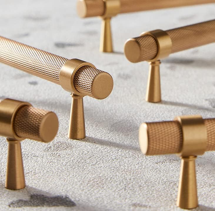 2 Pack Solid Brass Cabinet Pulls, 5 Inch (128mm) Hole Centers Gold Knurled Textured Bar Handles for Drawer Bathroom Kitchen Hardware