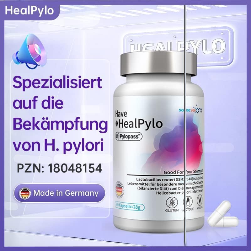 Pylopass Lactobacillus Reuteri Antipylori 120 Capsules 400 Mg Per Day For Heartburn, Bad Breath Breaking Stimulation Acid Reflux, Stomach Discomfort Due To Helicobacter Pylori With Vitamin C, B12,