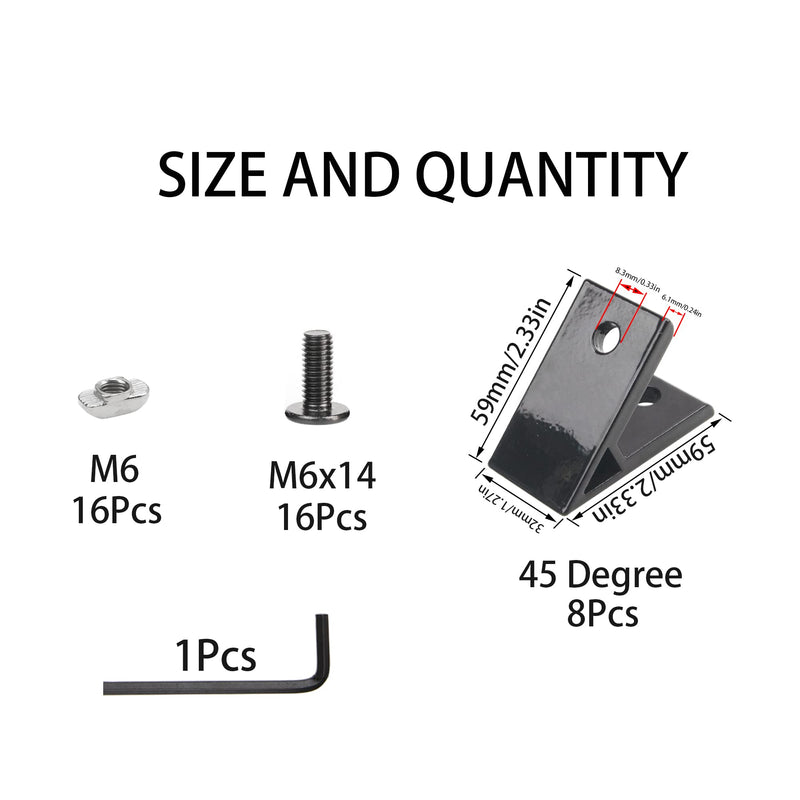 8Pcs 45 Degree Angle 4040 Aluminum Profile Corner Bracket Joint Braces Connectors with Screws T-Nuts Black
