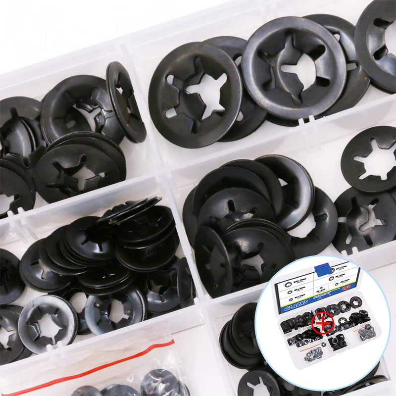 Glarks 280Pcs Internal Tooth Starlock Push On Locking Washers Speed Clips Fasteners Assortment Kit
