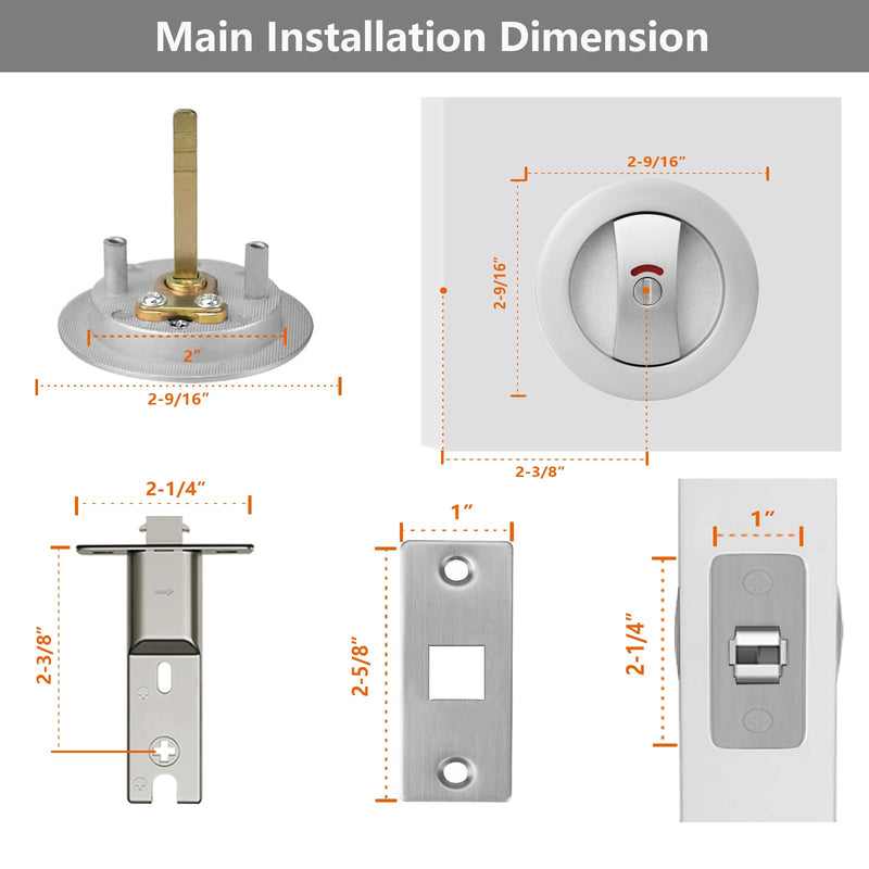Round Pocket Door Lock with Indicator,1 Pack Satin Nickel Contemporary Privacy Pocket Door Hardware,Flush Pocket Door Latch(2-3/8" Backset) for 1-3/5" to 2-1/8" Thickness Door,Brushed Nickel Round Lock with Indicator - 1 Pack Brushed Nickel