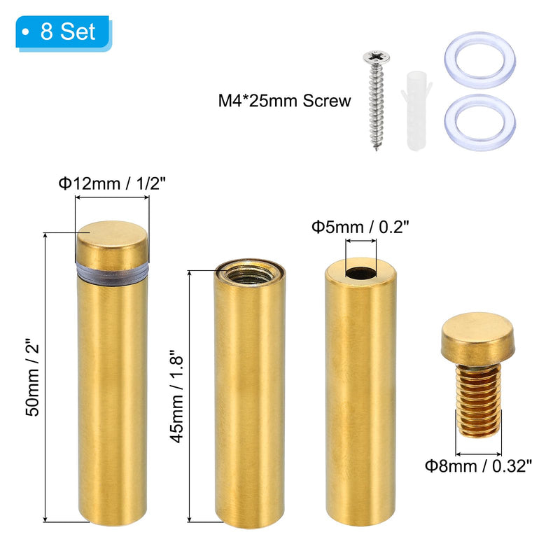 PATIKIL 1/2 x 2 Inch Sign Standoff Screws, 8 Set Stainless Steel Wall Standoff Mounting Hardware Advertising Glass Nail for Hanging Acrylic Picture Frame Acrylic Panel, Gold