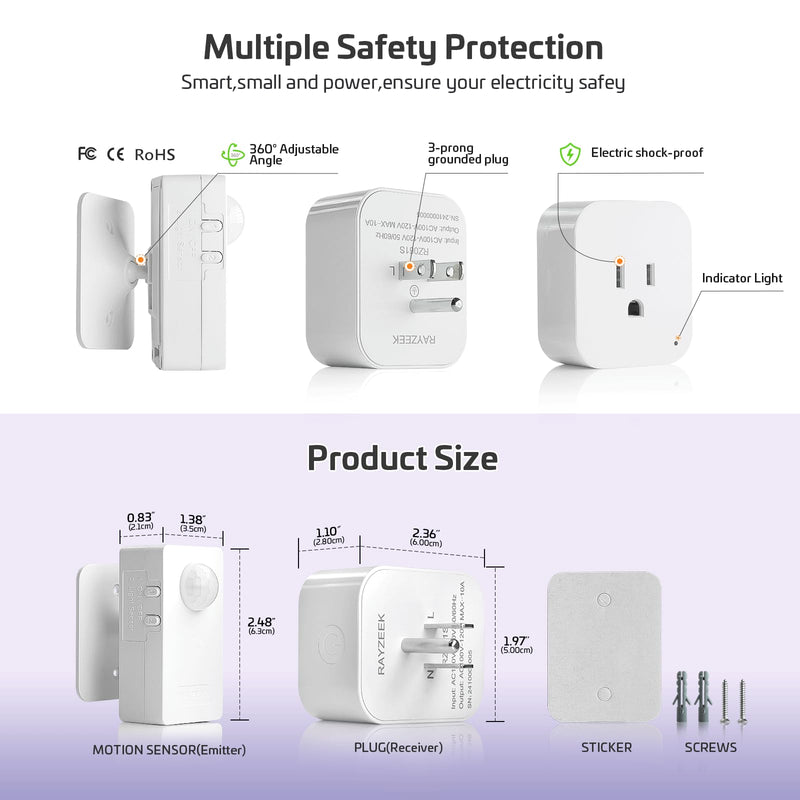 RAYZEEK Wireless Motion Sensor Control Outlet with Light Sensor,No WiFi/No APP, 2 PIR Sensor Switch Control 1 Plug for Christmas Tree Lights,Fans,Household Appliances,10A/1100W 2 Motion Sensor+plug