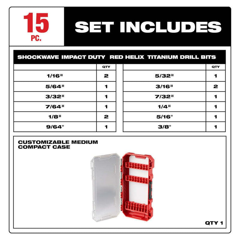 Fits Milwaukee 48-89-4670 Shockwave RED Helix Titanium Drill Bit Set - 15 PC