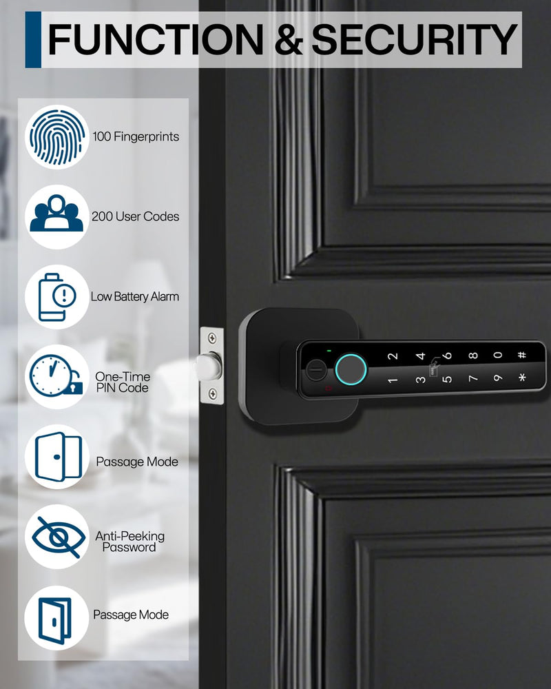 5-in-1 Smart Fingerprint Door Lock,Keyless Entry Digital Knob, Bluetooth App Control, Card and Key, Biometric Door Knob with Handle, Easy to Install for Exterior, Interior, Bedroom Doors