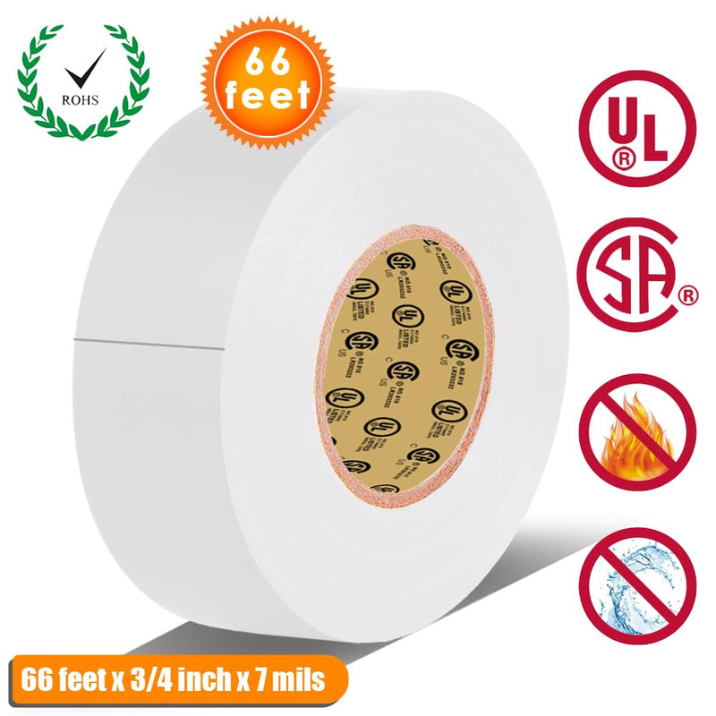 White Electrical Tape, 66 feet x 3/4 inch x 7 mils-600V,Pass UL/CSA Certification. Waterproof,Flame Retardant,Strong Adhesive, 14℉ to 176℉(White) 3/4-Inch by 66 Feet White 1