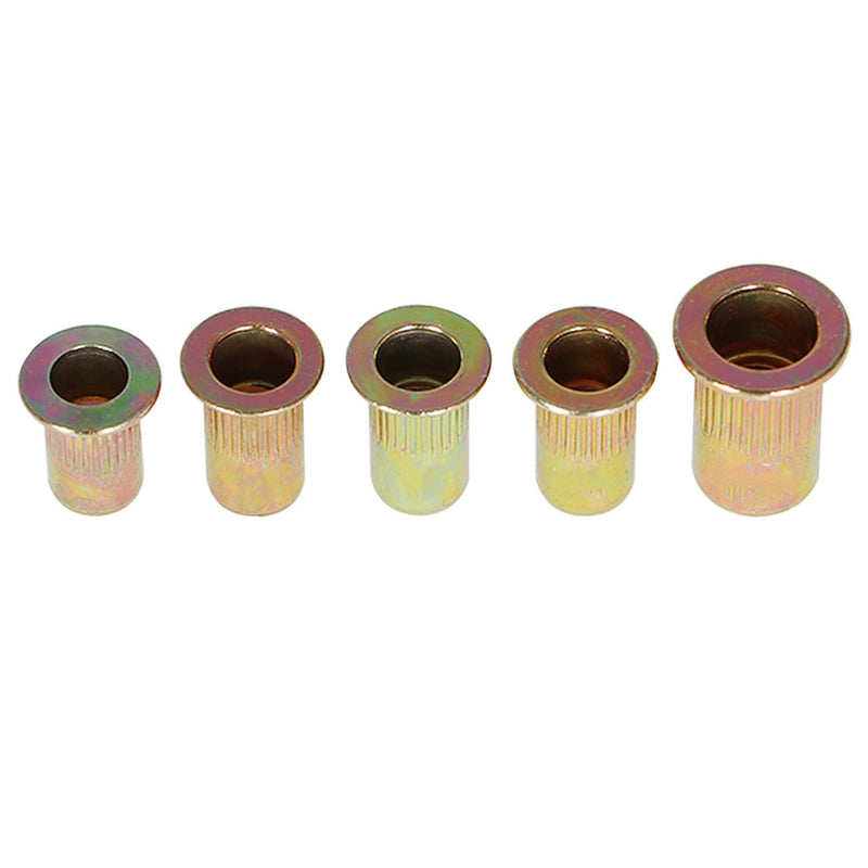 150Pcs Rivet Nuts SAE (1/4-20 10-32 10-24 8-32 6-32) Rivet Nut Assortment Kit Carbon Steel Flat Head Threaded Insert Nutserts 1/4-20 10-32 10-24 8-32 6-32
